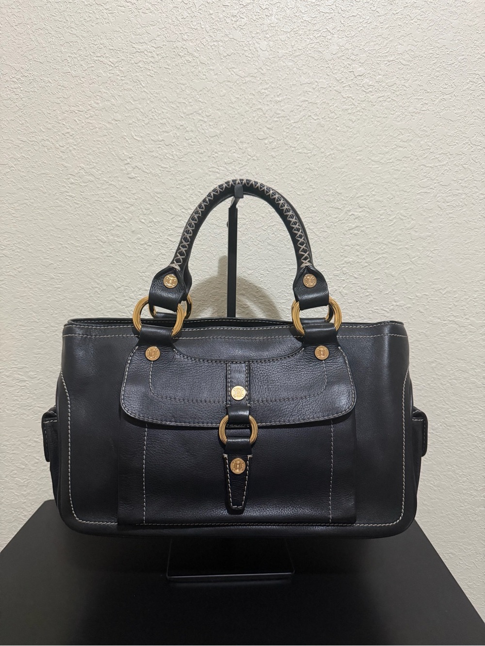 Celine Black Leather Satchel with Gold Hardware and Contrast Stitching